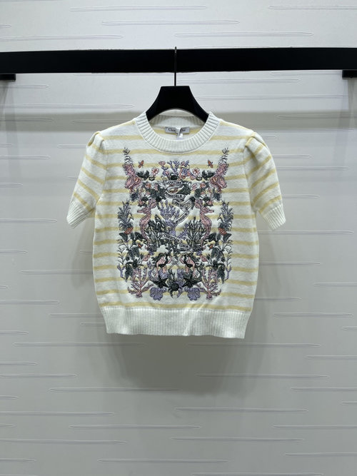 Dior Luxury Knit Short - Sleeve with Color - Block and Embroidery
