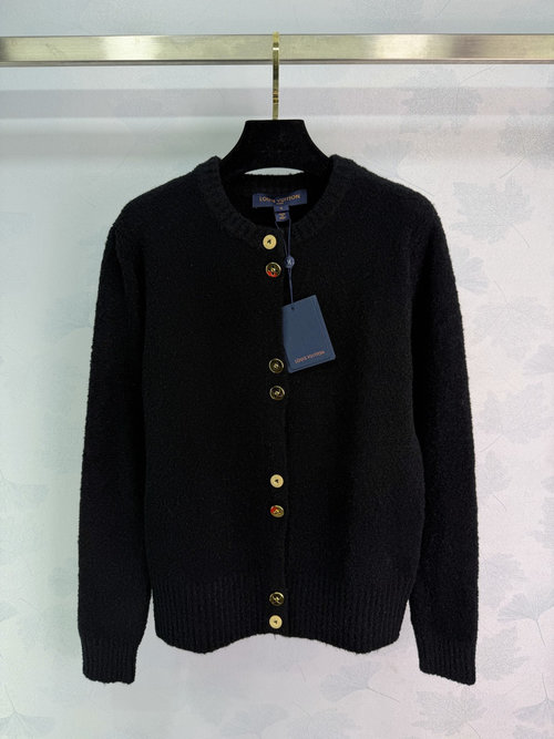 Louis Vuitton Buttoned Knitted Cardigan with Red-Black Color Blocking and Brand Details