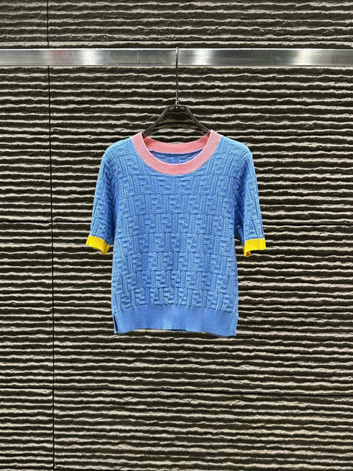 Fendi New Style: Neckline Contrast Color Knit Short Sleeve