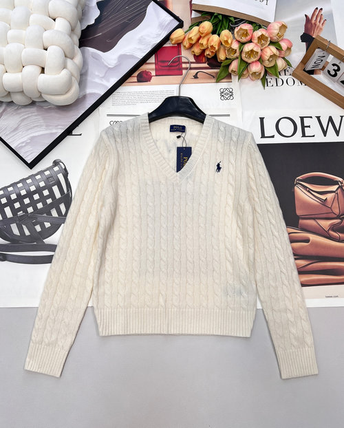 Polo Ralph Lauren V-Neck Twisted Soft Wool Sweater with Pony Embroidery