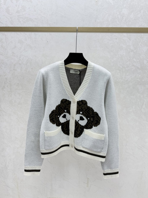 Fendi Contrasting Bear V-Neck Knit Long-Sleeve Cardigan in White
