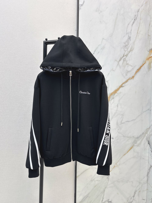 Dior Hooded Zip-Up Sweatshirt with Embroidered Logo and White Tape