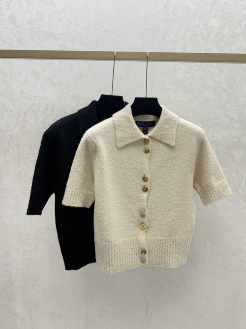 Louis Vuitton Simple Collared Knitted Short Sleeve Cardigan in Apricot and Black