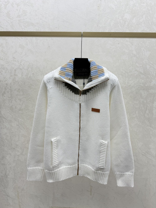 Louis Vuitton Contrast Color Collared Knitted Long Sleeve Cardigan in White