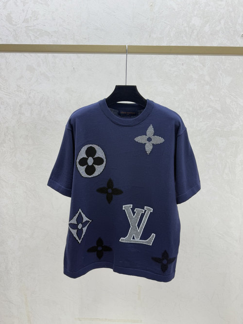 Louis Vuitton Contrast Color Floral Letter Round Neck Knitted Short Sleeve in Royal Blue