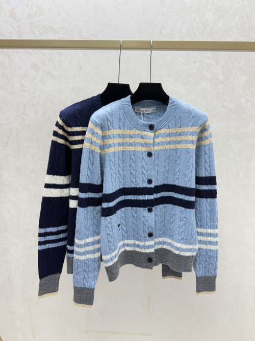 Dior Blue & Navy Color Block Striped Crew Neck Long Sleeve Knit Cardigan