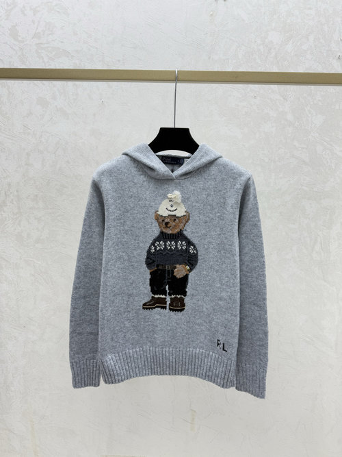 Polo Ralph Lauren Gray Casual Contrast Bear Hooded Knit Long Sleeve Sweater for Daily Wear