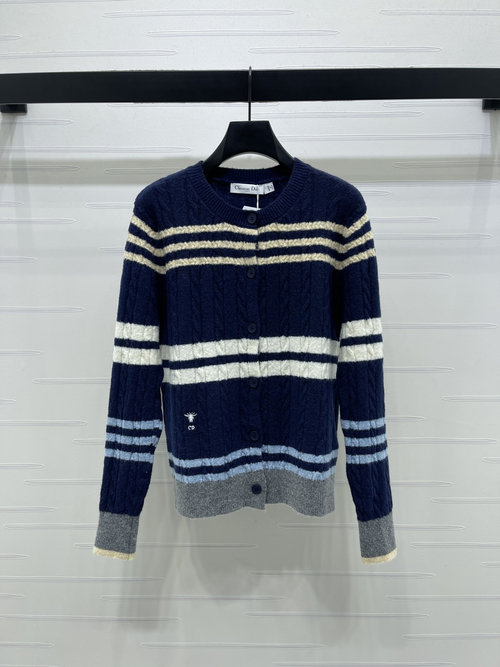 Dior Stylish Color-Striped Crochet Cardigan with Embellishment