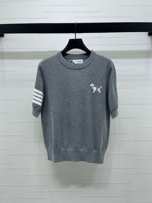 Thom Browne Premium Quality Dog Embroidery Short Sleeve Knit with Stripes