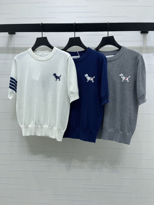 Thom Browne Premium Knit Short Sleeve with Dog Embroidery, Soft and Cozy