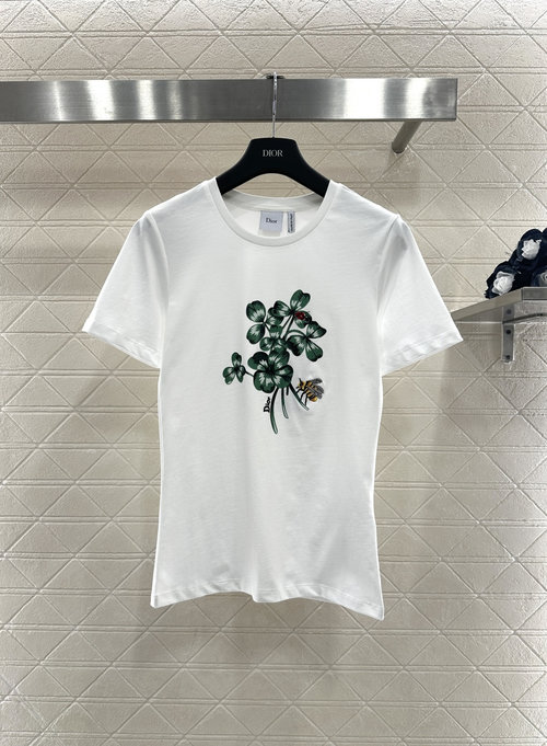 Dior Cotton T - Shirt with Four - Leaf Clover Print, Fresh Versatile