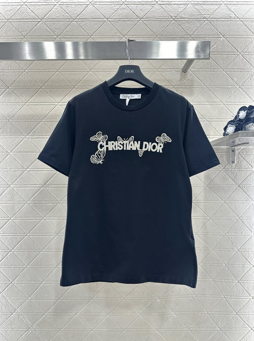Dior Embroidered Beaded Butterfly Logo T - Shirt, Elegant Luxurious