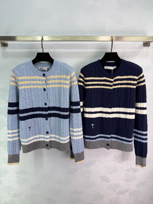 Dior Stripe Knit Cardigan with Maize Texture, Gentle Style