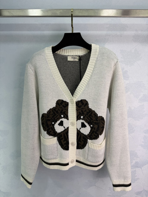 Fendi Casual Elegance FF Bear Intarsia V-neck Knit Cardigan