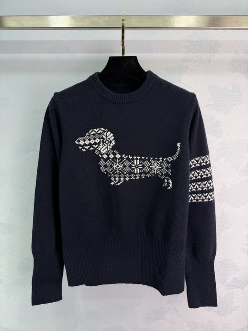 Thom Browne Geometric Dog Pattern Knitted Sweater, Casual Style