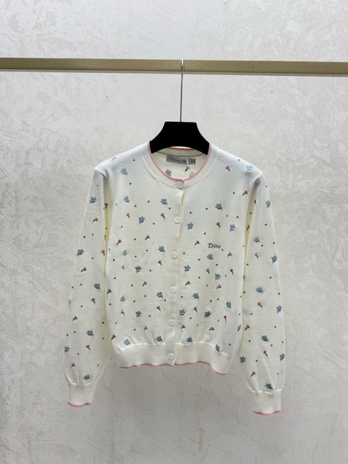 Dior Autumn Knit Long Sleeve Cardigan with Floral Pattern in White