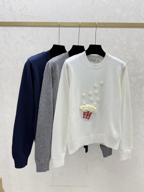Dior Autumn Knit Long Sleeve Floral Round Collar in White, Grey & Navy