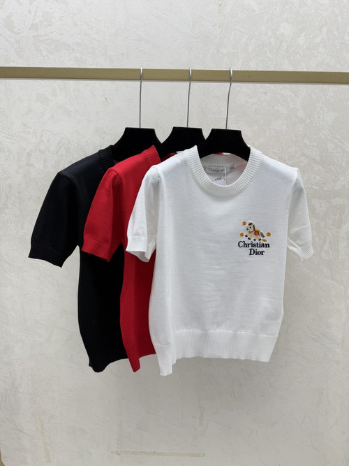 Dior Classic Solid Round Neck Short Sleeve Knit in White, Red & Black