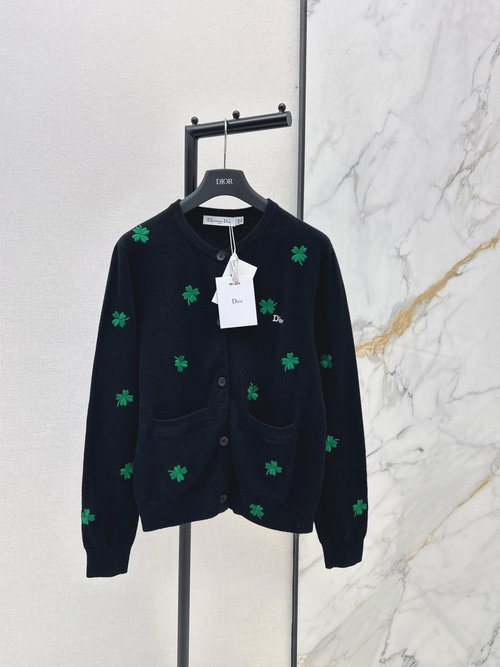 Dior Fluffy Woolen Knit with Four-Leaf Clover Embroidery