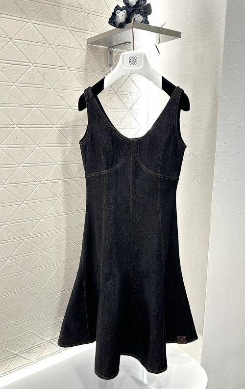 Louis Vuitton U-neck Zip-up Denim Dress with Flared Skirt in Custom YB Twill