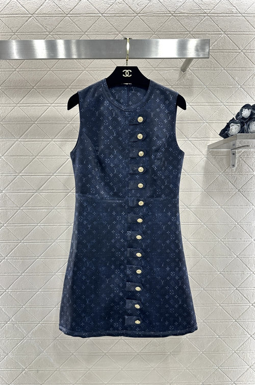 Louis Vuitton Printed Button-Down Sleeveless Dress in Ivory and Blue