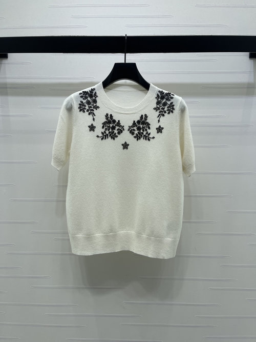 Dior Solid-color Embroidered Pattern Crewneck Knit Short Sleeve