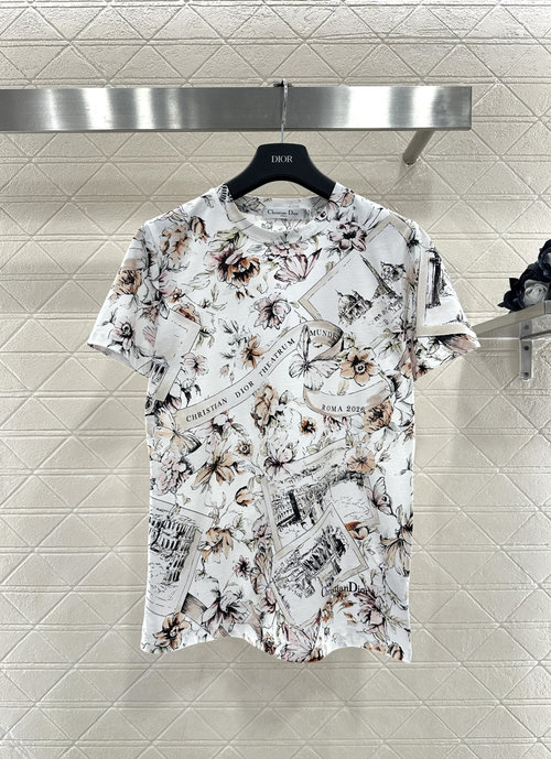 Dior Custom YB Cotton T-shirt with Floral and Roman Patterns
