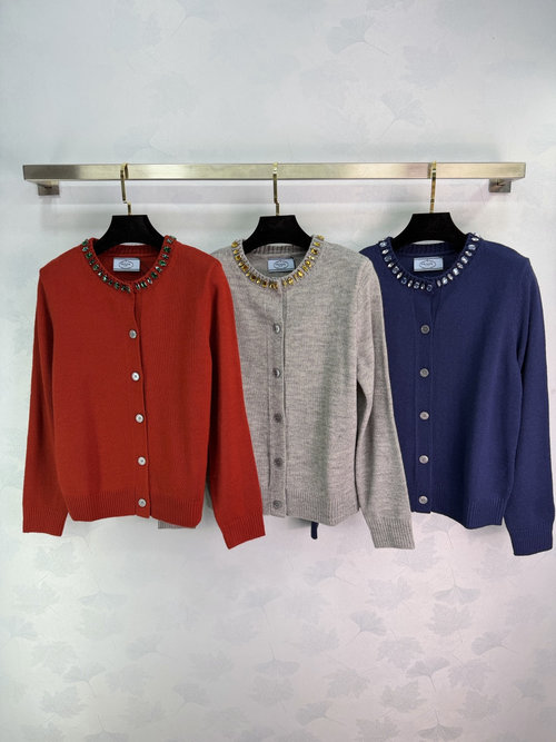 Prada Elegant Round Neck Beaded Knit Cardigan for Timeless Style