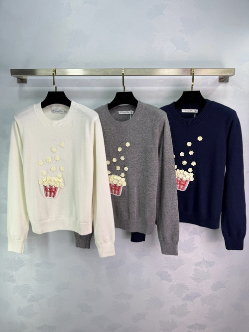 Dior Popcorn Embroidery Cozy Knit Sweater for Casual