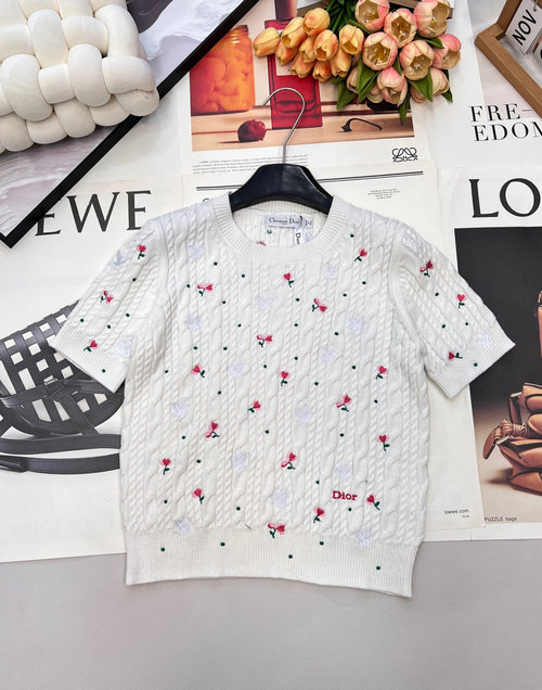 Dior Spring Short-Sleeved Knit Sweater with Flower Embroidery