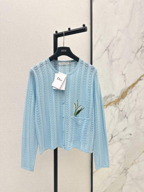 Dior Blue Crochet Knit Cardigan with Floral Embroidery