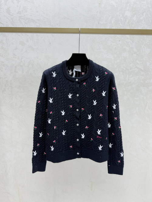 Dior Contrasting Floral Round-Neck Knit Long-Sleeve Cardigan in White and Blue