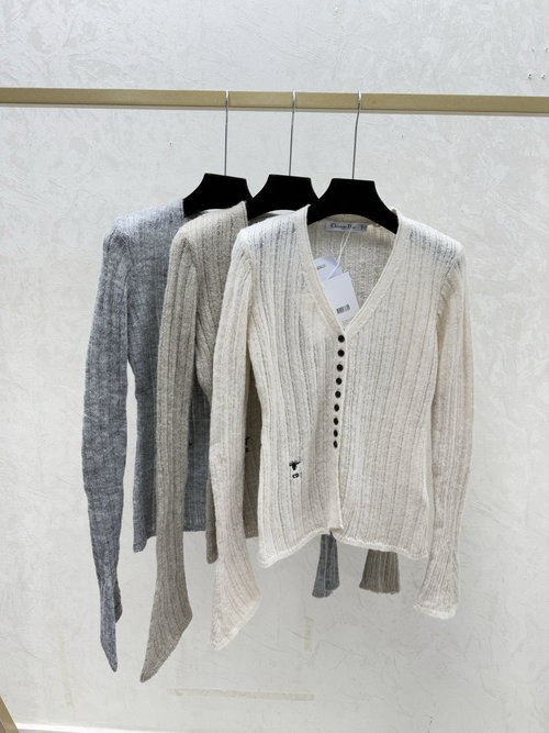 Dior Solid Color V-Neck Knit Long Sleeve Cardigan in White, Khaki, Gray
