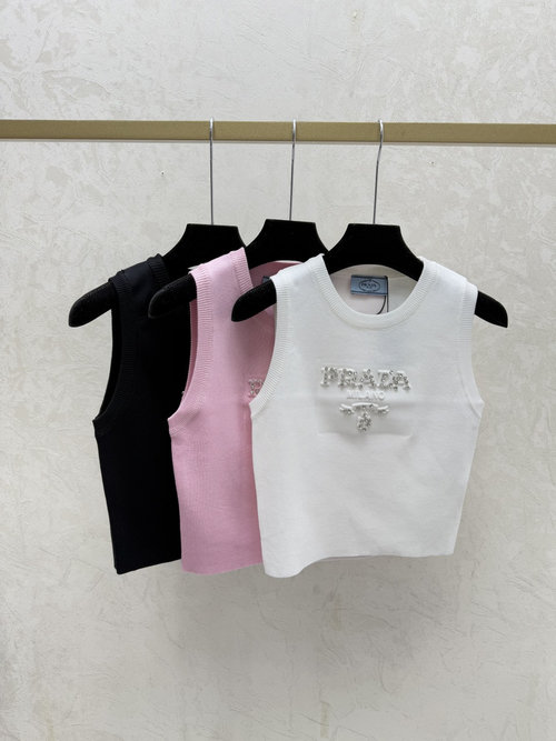 Prada Solid Color Letter Beaded Round-Neck Knit Vest in White, Pink, Black