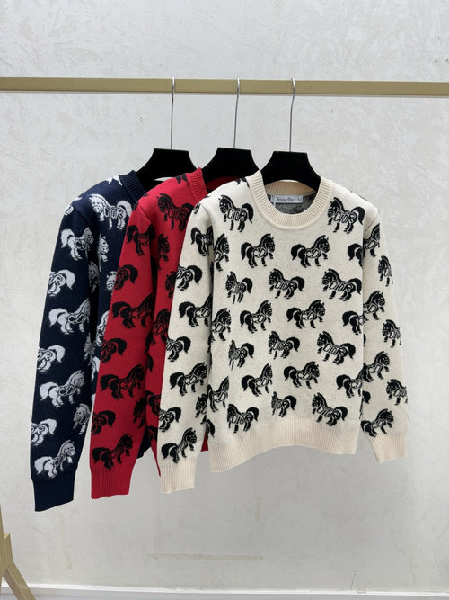 Dior Color-Blocked Pony Round Neck Long-Sleeve Knit in Apricot, Red, Sapphire