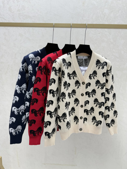 Dior Contrasting Color Pony V-Neck Long-Sleeve Knitted Cardigan in Apricot, Red, Navy