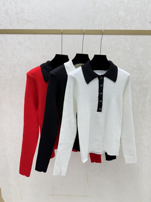 Dior Knitted Long-Sleeved Top with Contrast Collar in White, Red & Black