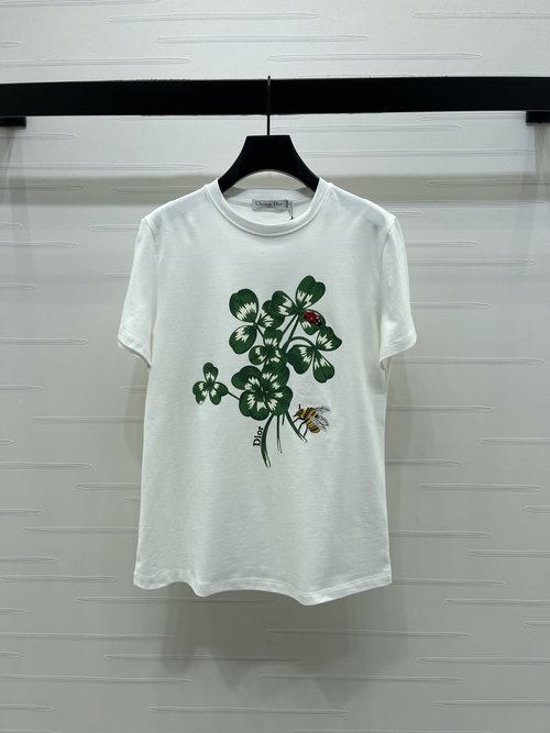 Dior Printed and Embroidered Four-Leaf Clover Cotton T-Shirt