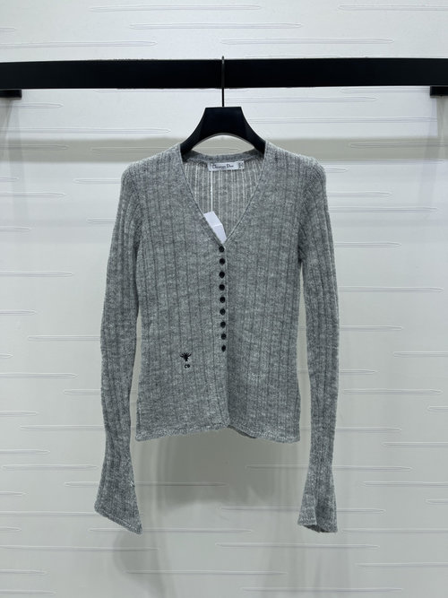 Dior V-Neck Long-Sleeve Knit Cardigan, Wool, Slimming, Logo