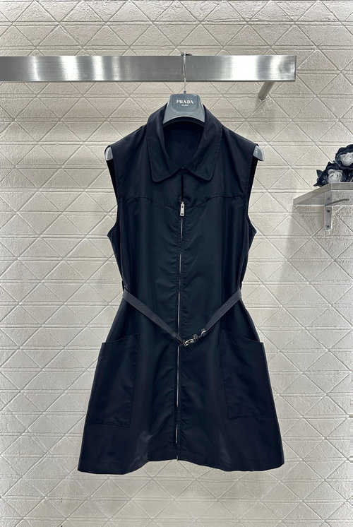 Prada Matte Black Zippered Sleeveless A-Line Vest Dress with Belt
