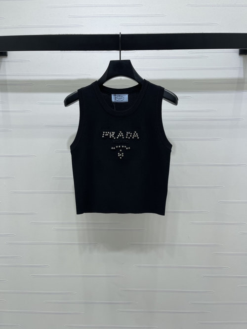 Prada Triangle Logo Beaded Knit Tank Top with Fine Detailing