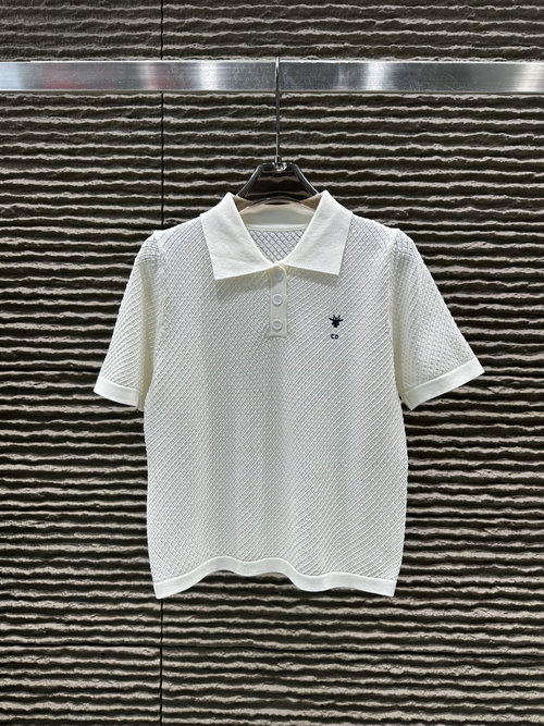 Dior New Collared Embroidery Bee Knit Short-Sleeved Top