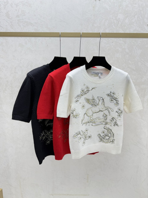 Dior Color-blocked Pony Embroidery Round-neck Knit Short Sleeve in Red, White, Black