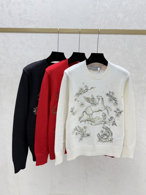 Dior Contrasting Pony Embroidery Round Neck Long - Sleeve Knit in Red, White, Black