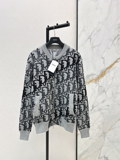 Dior Zip-up Wool Coat with Logo Jacquard, Stylish Slimming