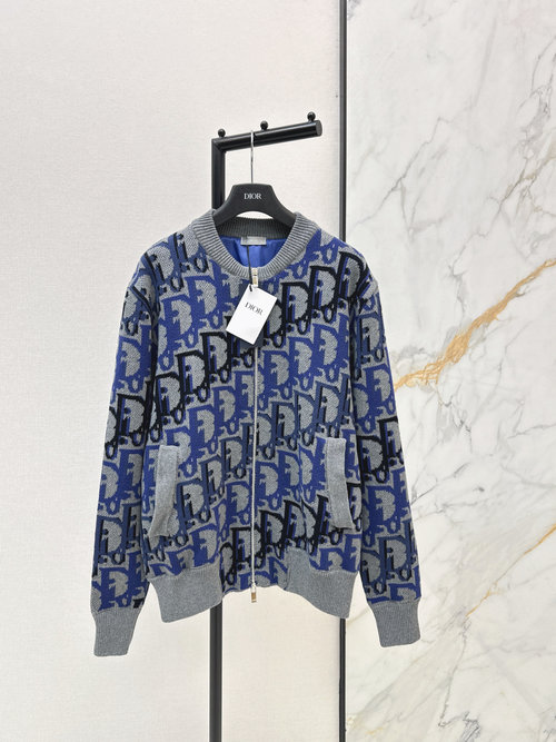 Dior Zip-up Wool Coat with Logo Jacquard, Stylish Slimming