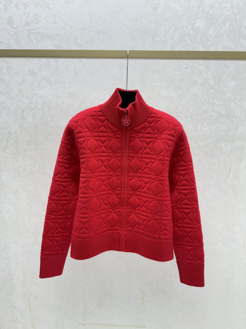 Dior Back Star Embroidered High Neck Long Sleeve Knit Cardigan in Red, White and Black