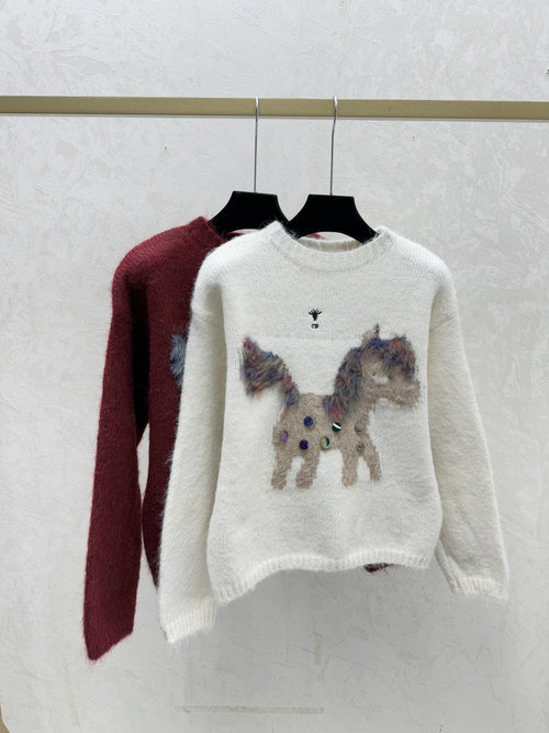 Dior Color-Blocked Studded and Beaded Knit Long Sleeve in White, Red