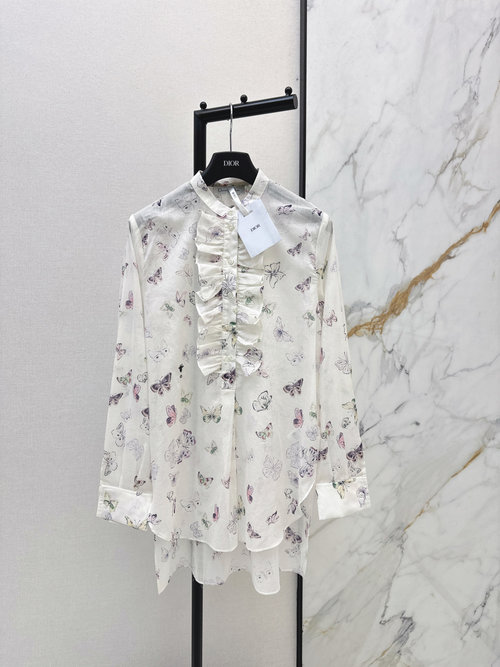 Dior Butterfly Print Blouse with Ruffled Collar and Embroidery