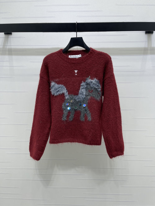 Dior Early Spring: Colorful Horse Sequins Long Sleeve Sweater with Logo